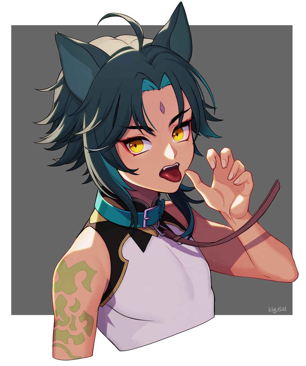 animal_ears arm_tattoo bodysuit cat_ears collar genshin_impact green_hair kh66gs open_mouth short_hair tattoo tongue tongue_out white_bodysuit xiao_(genshin_impact) yellow_eyes