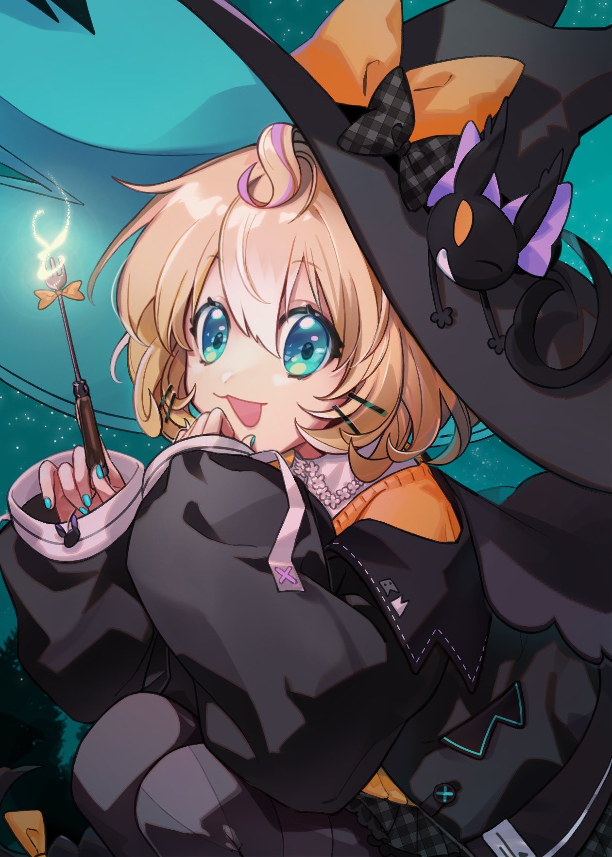 1girl :3 animal_on_head black_cat black_headwear black_jacket black_pantyhose black_skirt blonde_hair blue_eyes blue_nails cat fork glowing guan63947624 hand_on_own_chin hat highres holding holding_fork jacket long_sleeves lucie_(millie_parfait) millie_parfait multicolored_hair nijisanji nijisanji_en off-shoulder_jacket off_shoulder on_head one_eye_closed open_mouth orange_eyes orange_sweater pantyhose plaid plaid_skirt purple_hair short_hair skirt sleeves_past_wrists smile solo squatting streaked_hair sweater virtual_youtuber witch_hat