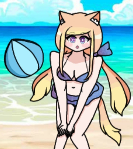 1girl animal_ear_fluff animal_ears back_bow beach beachball bikini blonde_hair blush cat_ears gacha_life lunime purple_bow purple_eyes senpaibuns swimsuit tail twintails water