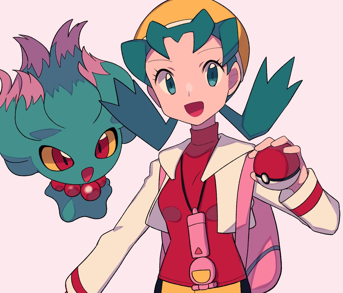 1girl :d backpack bag commentary cropped_jacket eyelashes green_eyes green_hair hand_up hat holding holding_poke_ball jacket kris_(pokemon) long_sleeves misdreavus open_clothes open_jacket open_mouth pink_bag poke_ball poke_ball_(basic) pokemon pokemon_(creature) pokemon_(game) pokemon_gsc red_shirt shirt shorts smile tyako_089 yellow_headwear yellow_shorts