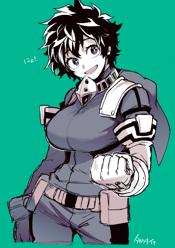 1girl :d bangs belt bodysuit boku_no_hero_academia breasts clenched_hand cowboy_shot elbow_gloves freckles genderswap genderswap_(mtf) gloves green_background hood hood_down large_breasts looking_at_viewer midoriya_izuku monochrome open_mouth pouch shiny shiny_hair short_hair simple_background smile takatsuki_ichi translation_request