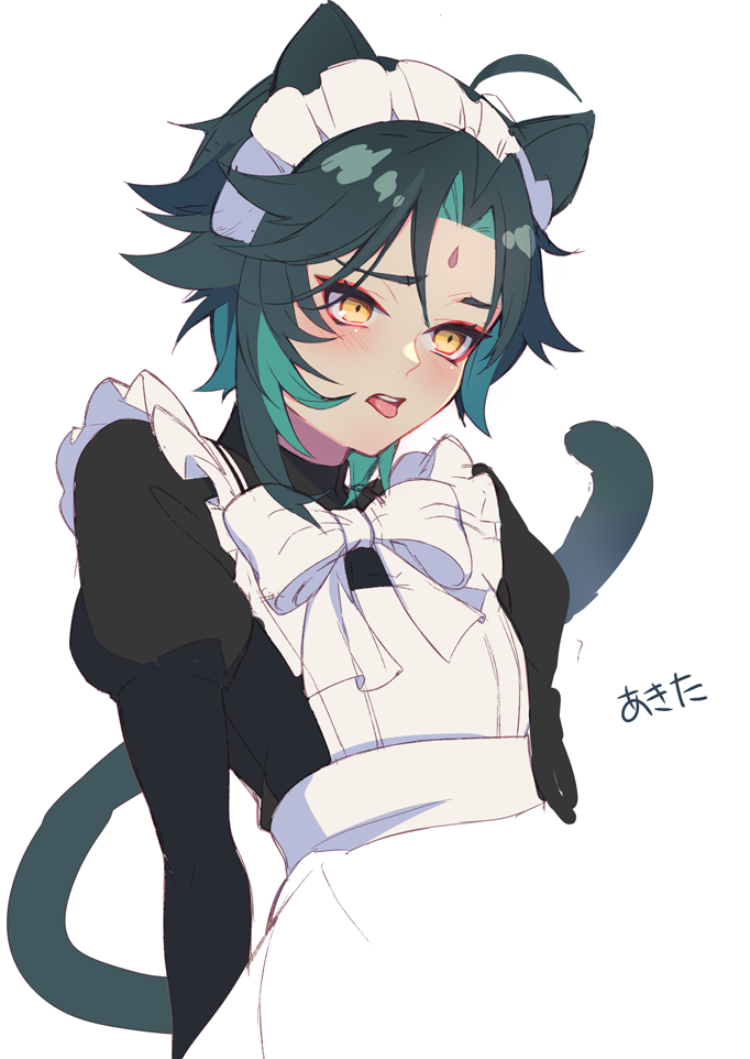 1boy animal_ears apron bow bowtie cat_ears cat_tail genshin_impact green_hair kh66gs maid maid_apron maid_headdress open_mouth otoko_no_ko short_hair solo tail tongue tongue_out white_background white_bow white_bowtie xiao_(genshin_impact) yellow_eyes