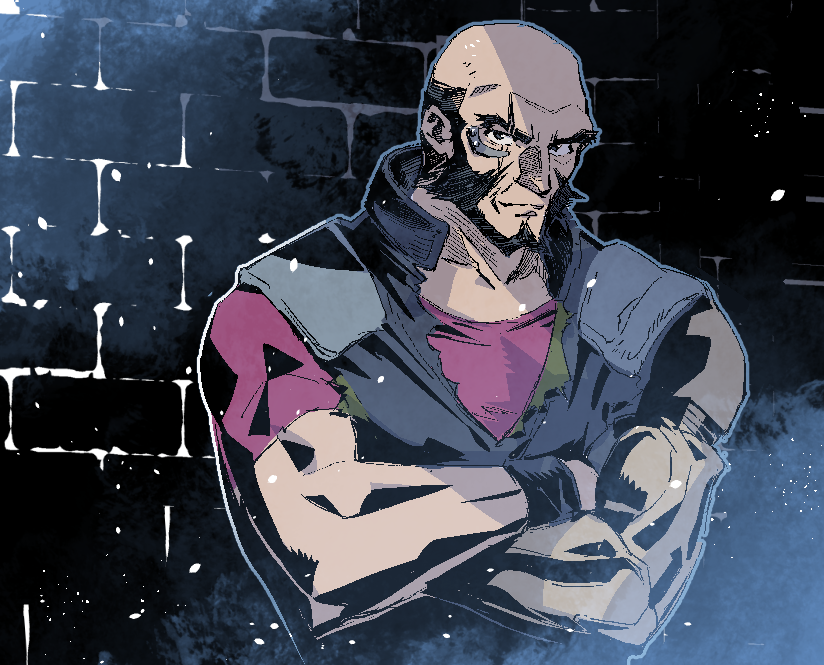 1boy bald beard brick_wall cofffee cowboy_bebop crossed_arms eyepiece facial_hair jet_black looking_at_viewer male_focus muscular muscular_male pilot_suit prosthesis prosthetic_arm red_shirt scar scar_across_eye shirt sideburns solo torn_clothes upper_body