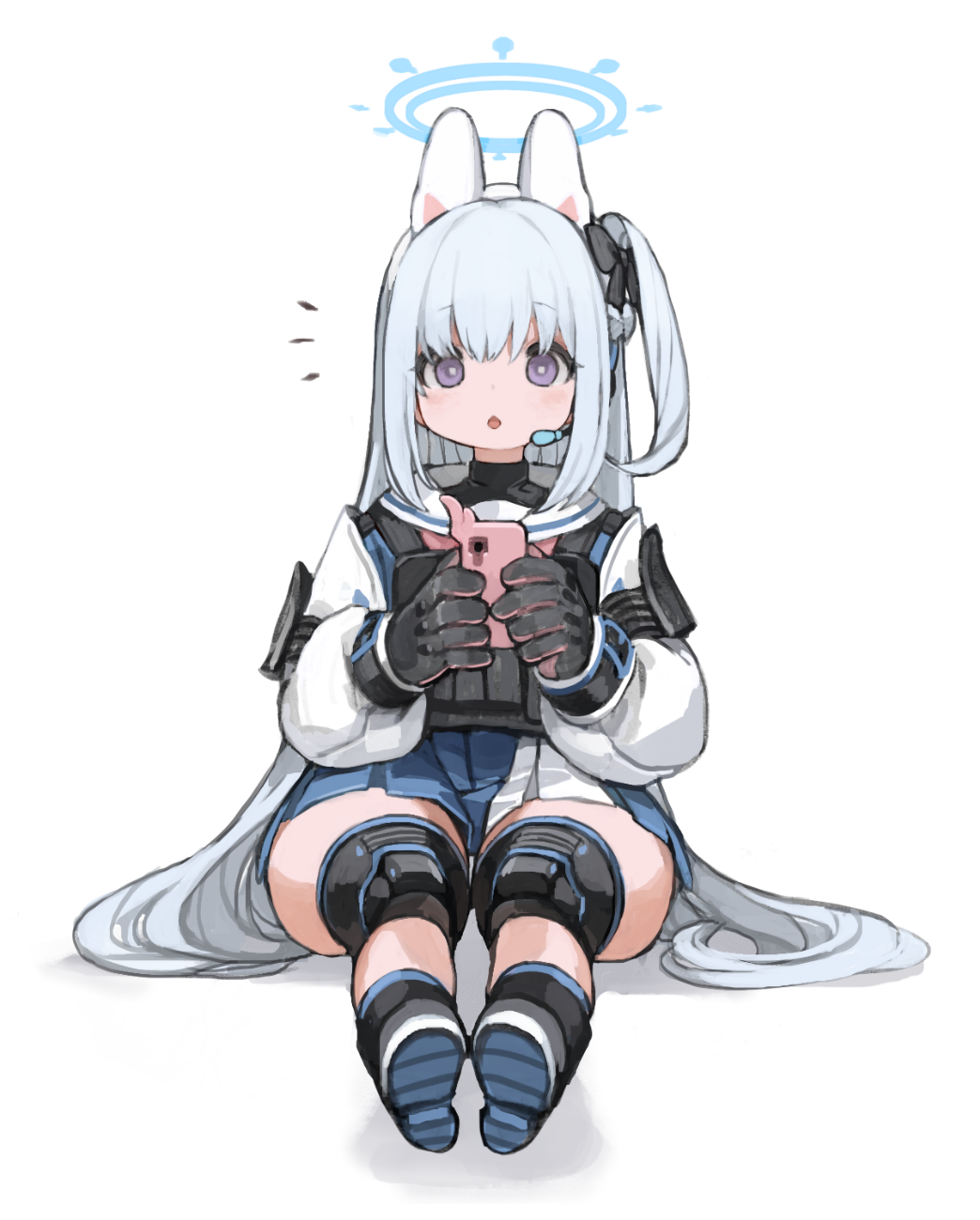 1girl animal_ears black_gloves blue_archive blue_serafuku blue_skirt blush bow commentary_request elbow_pads expressionless fake_animal_ears full_body gloves grey_hair hair_bow halo headset highres holding holding_phone kkaebing knee_pads long_hair looking_at_viewer miyako_(blue_archive) on_floor one_side_up open_mouth phone pink_gloves sailor_collar school_uniform serafuku simple_background skirt solo two-tone_gloves two-tone_skirt very_long_hair violet_eyes white_background white_sailor_collar white_skirt