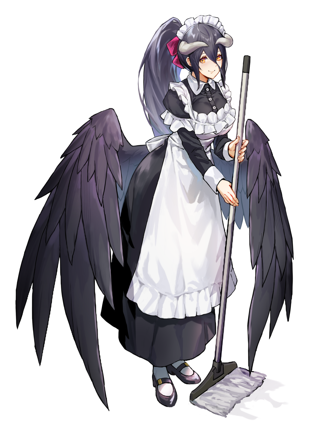 1girl albedo_(overlord) alternate_costume alternate_hairstyle apron bangs black_footwear black_wings blush bow breasts broom collared_dress dress enmaided frills hair_bow highres holding holding_broom horns large_breasts long_hair long_sleeves looking_at_viewer maid maid_apron maid_headdress overlord_(maruyama) ponytail red_bow shiny shiny_hair shoes simple_background smile solo tsugu0302 white_apron white_background wings