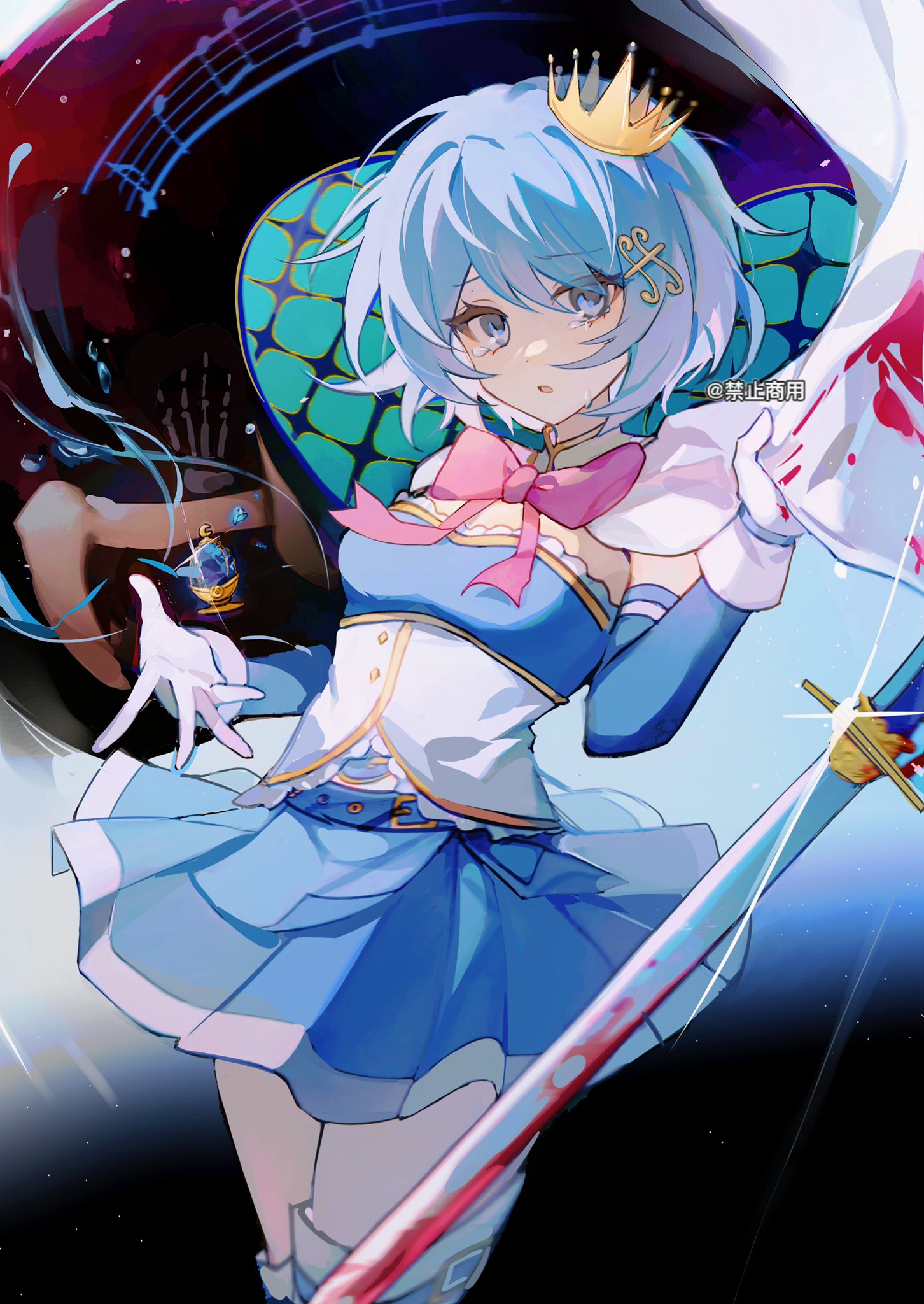 1girl blood blood_on_weapon blue_eyes blue_hair blue_skirt bow bowtie crown gloves hair_ornament hairclip highres hisakawa_sora looking_at_viewer magical_girl mahou_shoujo_madoka_magica miki_sayaka musical_note musical_note_hair_ornament open_mouth pink_bow pink_bowtie short_hair skirt solo sword thigh-highs weapon white_gloves