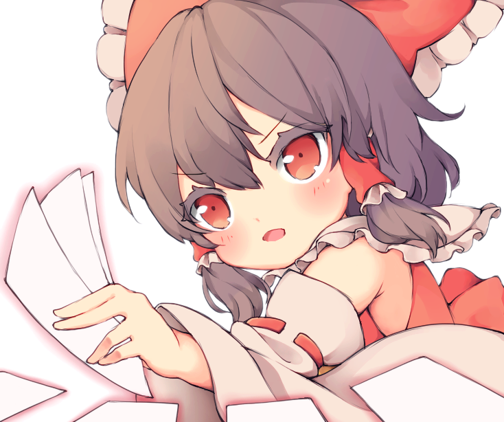 1girl bare_shoulders black_hair blush bow cycloneyukari detached_sleeves hair_between_eyes hair_bow hair_tubes hakurei_reimu japanese_clothes nontraditional_miko ofuda open_mouth red_bow red_eyes ribbon-trimmed_sleeves ribbon_trim short_hair sidelocks simple_background solo touhou upper_body white_background white_sleeves wide_sleeves