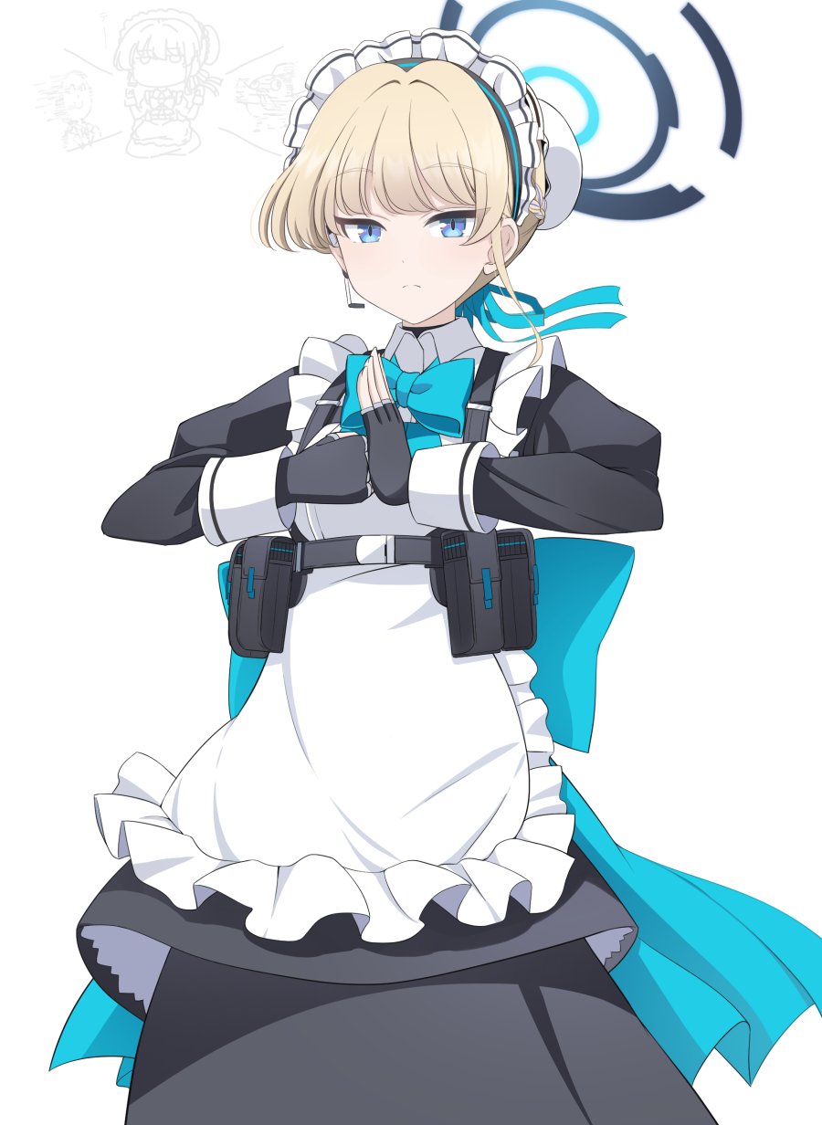 1girl apron black_dress black_gloves blonde_hair blue_archive blue_bow blue_bowtie blue_eyes blue_ribbon bow bowtie chest_harness closed_mouth dress earpiece fingerless_gloves fist_in_hand frilled_apron frills gloves hair_ribbon halo harness highres hoshino_ouka long_sleeves looking_at_viewer maid maid_apron peroro_(blue_archive) pouch ribbon sensei_(blue_archive) short_hair simple_background sleeve_cuffs solo_focus toki_(blue_archive) white_apron white_background
