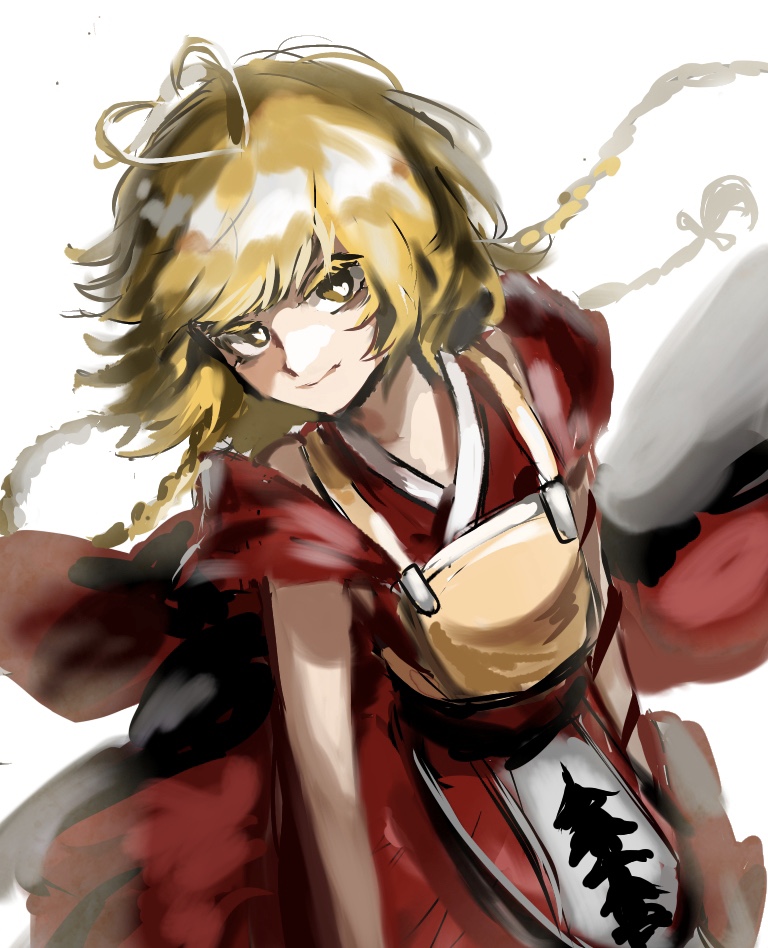 1other androgynous antenna_hair armor blonde_hair braid breastplate bright_pupils closed_mouth colored_eyelashes commentary_request heart heart-shaped_pupils heart_antenna_hair hemo_(hemoroda) japanese_clothes kimono len'en long_hair ooama_no_ake_no_mitori red_kimono simple_background sketch sleeveless sleeveless_kimono smile solo symbol-shaped_pupils twin_braids white_background white_pupils yellow_eyes