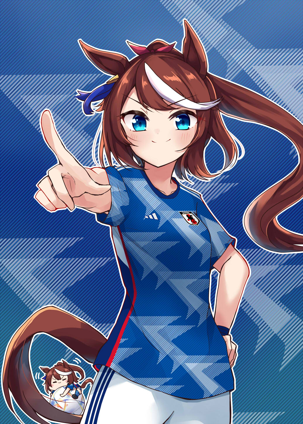 1girl 2022_fifa_world_cup adidas alternate_costume animal_ears ball bangs blue_background blue_eyes blue_shirt bow breasts brown_hair chibi chibi_inset closed_mouth collarbone commentary_request cowboy_shot ear_ribbon floating_hair hair_bow hair_flaps hand_on_hip high_ponytail highres horse_ears horse_girl horse_tail japan long_hair looking_at_viewer multicolored_hair pink_bow pointing pointing_at_viewer ponytail shirt short_sleeves shorts sidelocks small_breasts smile soccer_ball soccer_uniform soramuko sportswear standing streaked_hair tail tokai_teio_(umamusume) two-tone_hair umamusume white_hair white_shorts world_cup wristband