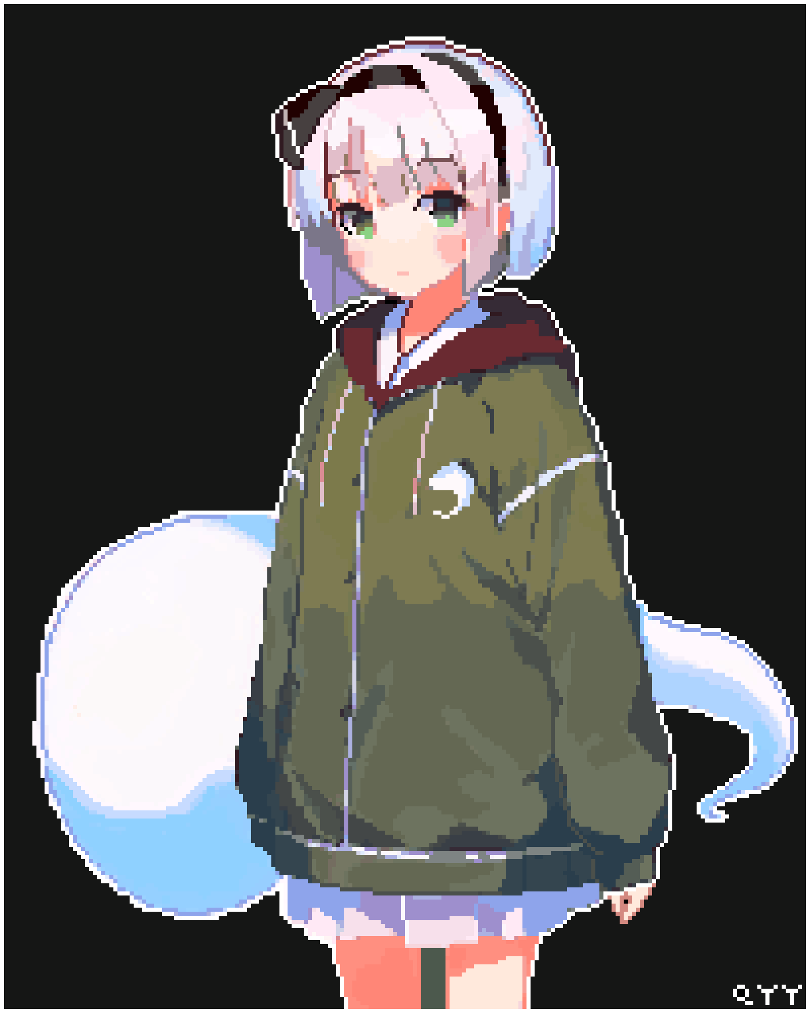 1girl adapted_costume artist_name black_background expressionless green_eyes green_hoodie green_jacket hairband highres hood hoodie jacket konpaku_youmu konpaku_youmu_(ghost) long_sleeves pixel_art sayqyy shirt short_hair skirt solo touhou white_hair white_shirt white_skirt