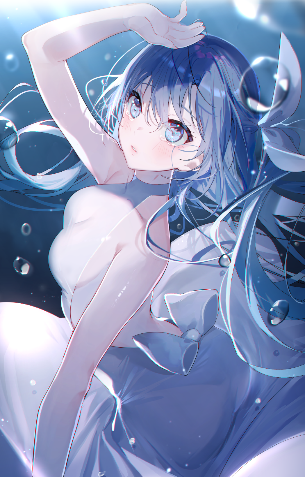 1girl air_bubble back_bow backless_dress backless_outfit bangs bare_shoulders blue_eyes blue_hair blush bow bubble dress feet_out_of_frame highres light long_hair looking_up miwano_rag original parted_lips shiny shiny_hair sitting sleeveless sleeveless_dress solo tears turtleneck underwater white_bow white_dress