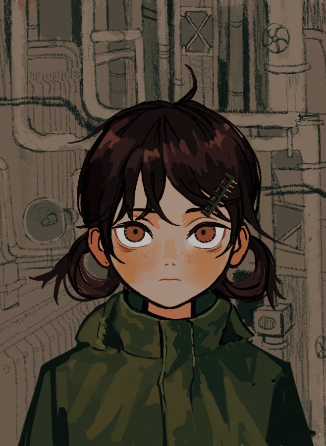 1girl ahoge blush brown_eyes brown_hair coat computer_chip expressionless freckles green_coat hair_ornament hair_rings hairclip horn_speaker industrial_pipe io_(onisarashi) looking_at_viewer original pressure_gauge solo straight-on upper_body valve