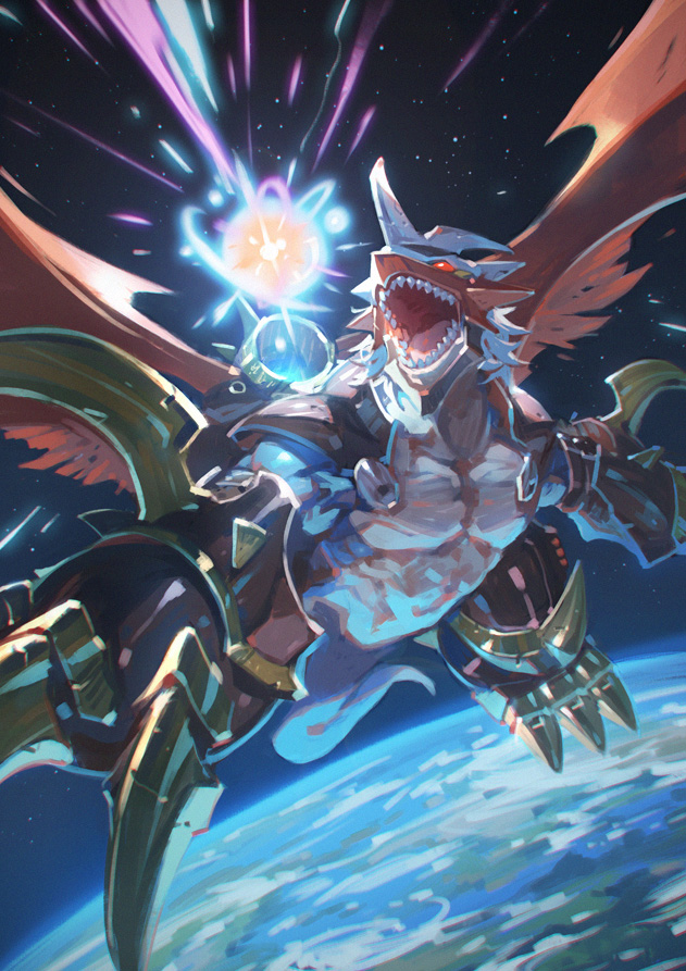 bangs claws digimon digimon_(creature) earth_(planet) garmmy horns imperialdramon magic no_humans open_mouth planet red_eyes red_wings sharp_teeth space tail teeth wings