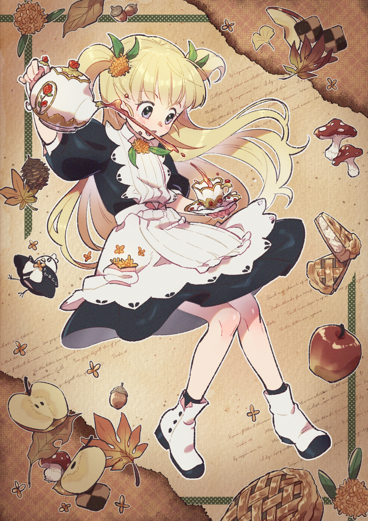 1girl apple apron bangs blonde_hair blue_dress blue_eyes blunt_bangs blush bow cookie cup dress emilico_(shadows_house) flower food fruit full_body hair_bow holding holding_cup leaf long_hair mushroom nikomi_(nikomix) nut_(food) open_mouth pie puffy_short_sleeves puffy_sleeves shadows_house short_sleeves solo spilling tea teacup teapot twintails two_side_up white_apron