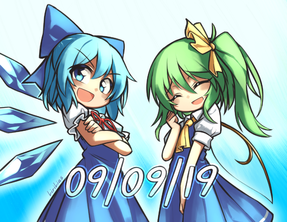 2girls :d artist_name ascot blue_bow blue_dress blue_eyes blue_hair bow cirno cirno_day closed_eyes crossed_arms daiyousei dated dress english_commentary green_hair hair_bow ice ice_wings lirilias multiple_girls open_mouth short_hair short_sleeves side_ponytail smile touhou wings yellow_ascot