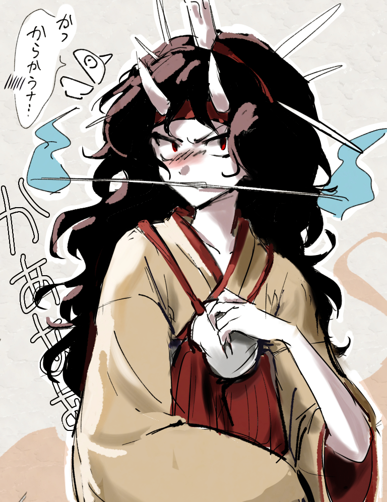 1other androgynous black_hair blush colored_skin commentary_request hairband headband hemo_(hemoroda) horns japanese_clothes kimono len'en long_hair red_eyes red_hairband red_headband sanpaku simple_background sleeves_past_wrists solo taira_no_chouki translation_request white_skin wide_sleeves yellow_kimono