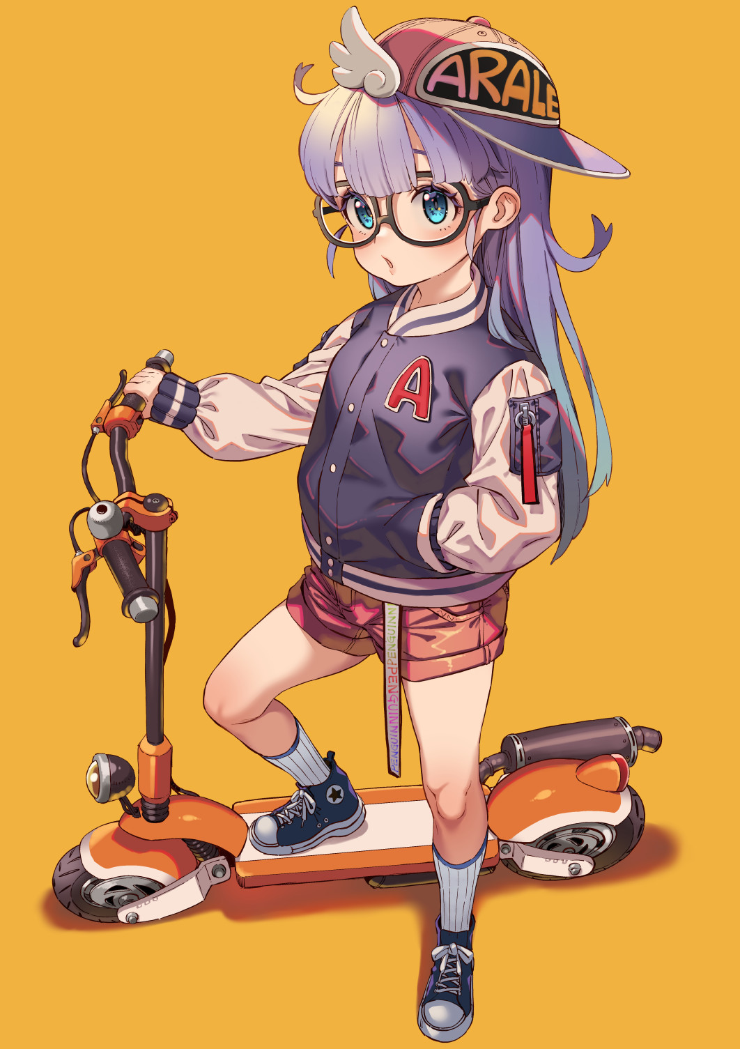 1girl aqua_eyes baseball_cap blush dr._slump full_body glasses hand_in_pocket hat highres jacket kink_(tortoiseshell) letterman_jacket long_hair looking_at_viewer motorized_scooter norimaki_arale open_mouth orange_background purple_hair shoes shorts simple_background sneakers socks solo winged_hat