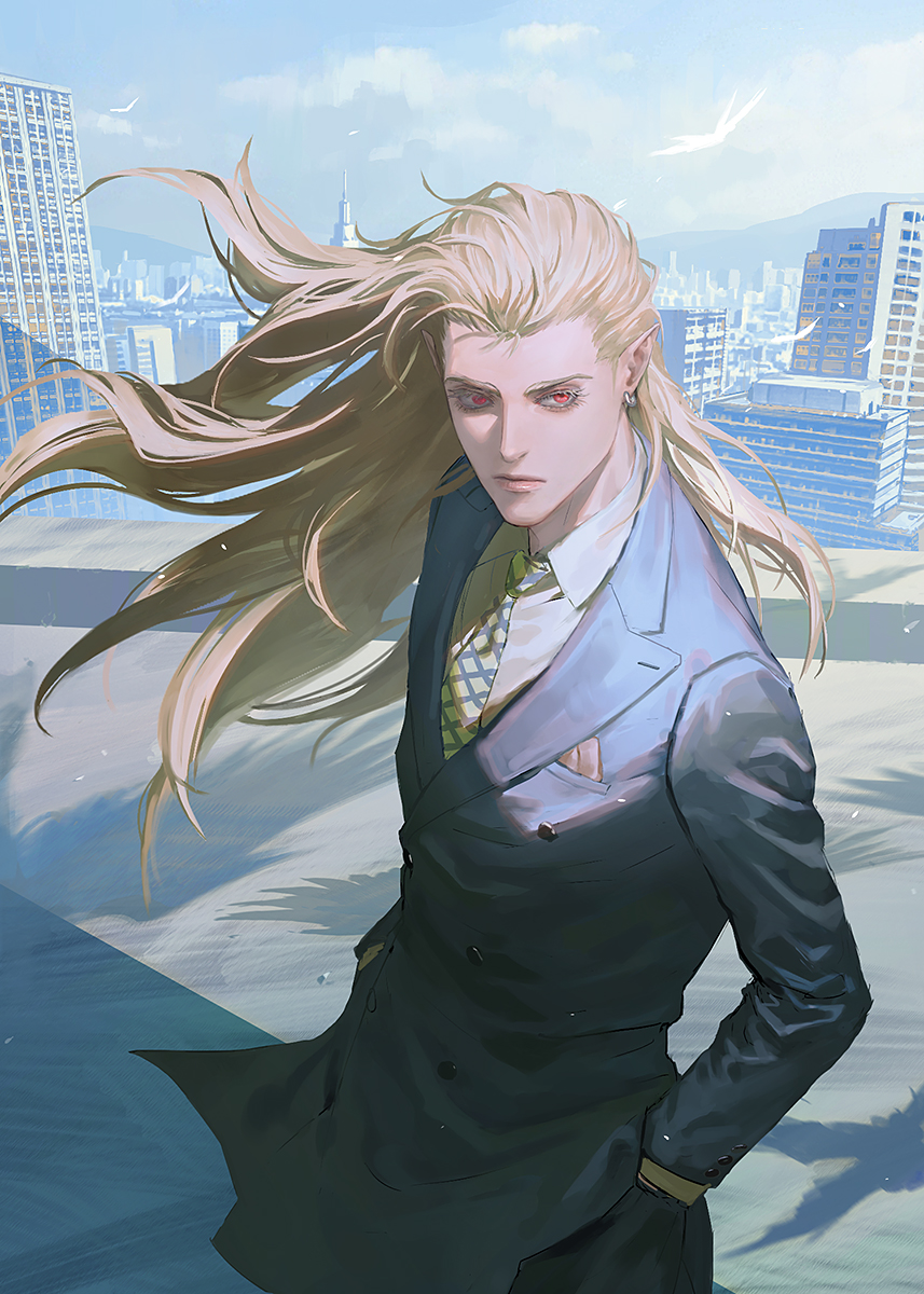 1boy bird blonde_hair buttons city cityscape formal handkerchief hands_in_pockets highres long_hair long_sleeves louis_cypher lucifer_(shin_megami_tensei) male_focus necktie o_c_x pointy_ears red_eyes rooftop shin_megami_tensei shin_megami_tensei_ii solo standing suit