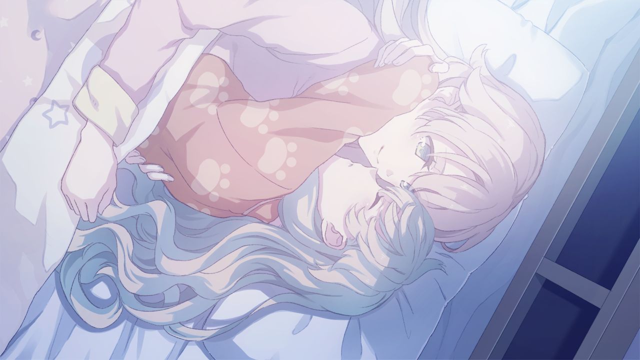 2girls bed_sheet blonde_hair blue_eyes brown_shirt closed_eyes closed_mouth cosmic_(crownclowncosmic) couple from_above game_cg grey_hair hair_down hug long_hair long_sleeves looking_at_another lying multiple_girls on_side pajamas paw_print pink_shirt print_shirt sakura_futaba_(tsui_yuri_okaa_san_ni_wa_naisho_da_yo) sakura_ichika shirt siblings sisters sleepwear smile straight_hair tsui_yuri_okaa_san_ni_wa_naisho_da_yo under_covers yuri