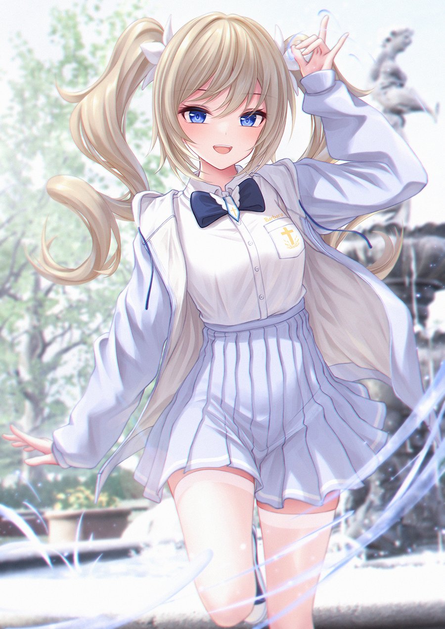 1girl :d alternate_costume arm_up bae.c bangs barbara_(genshin_impact) blonde_hair blue_bow blue_bowtie blue_eyes blurry blurry_background blush bow bowtie breasts buttons collared_shirt commentary cross_print drawstring dress_shirt drill_hair fountain fox_shadow_puppet genshin_impact grey_jacket grey_skirt happy high-waist_skirt highres hood hood_down hooded_jacket jacket long_hair long_sleeves looking_at_viewer medium_breasts necktie no_headwear open_clothes open_jacket open_mouth pleated_skirt school_uniform shirt shirt_tucked_in short_necktie sidelocks skirt sleeves_past_wrists smile solo thigh-highs twin_drills twintails water white_shirt white_thighhighs zettai_ryouiki