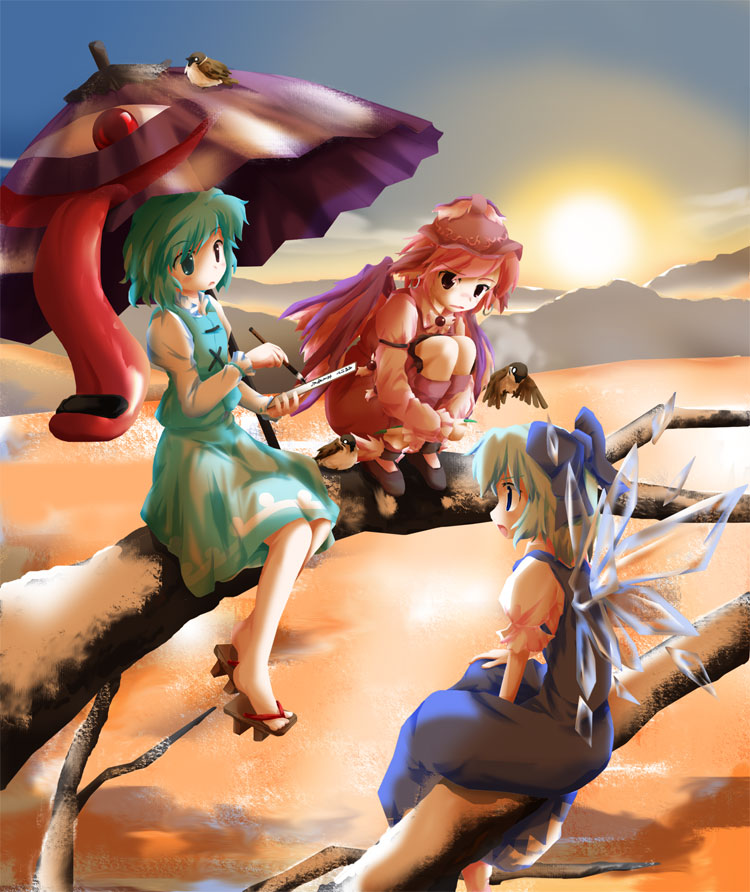 3girls animal_ears bird bird_ears bird_wings black_eyes black_footwear blue_bow blue_dress blue_eyes blue_hair blue_skirt blue_vest bow branch brown_footwear brown_headwear cirno clouds dress earrings eurasian_tree_sparrow full_body geta hair_bow heterochromia holding holding_paintbrush holding_umbrella horiki_masaharu ice ice_wings jewelry karakasa_obake multiple_girls mystia_lorelei open_mouth outdoors paintbrush pink_hair purple_umbrella red_eyes shirt short_hair short_sleeves sitting skirt sky snow sparrow sun tatara_kogasa tongue touhou umbrella vest white_shirt wings