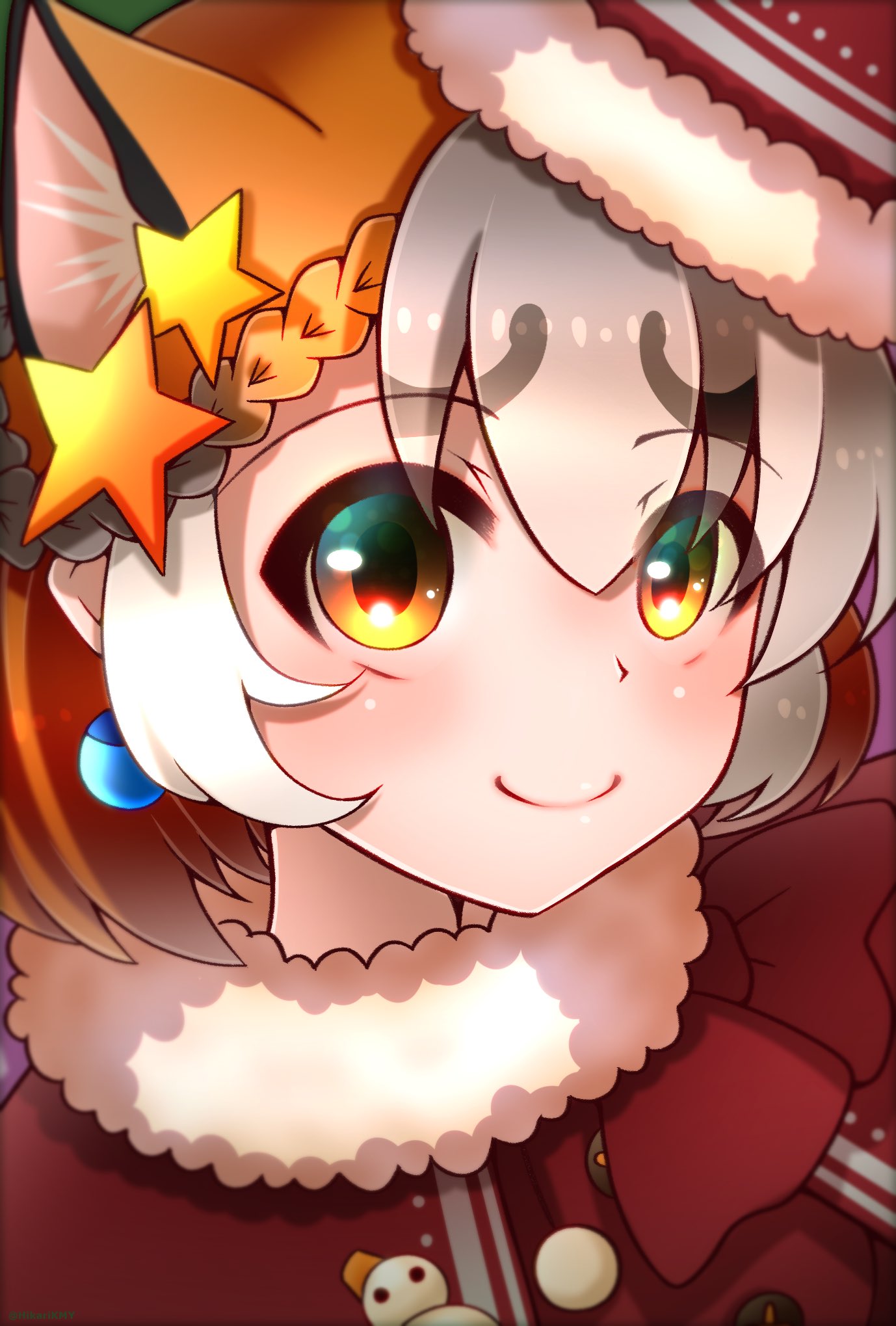 1girl animal_costume animal_ear_fluff animal_ears christmas dress extra_ears fox_ears fox_girl grey_hair hair_ornament hat highres hikarikmy island_fox_(kemono_friends) kemono_friends kemono_friends_v_project long_hair looking_at_viewer multicolored_hair orange_hair ribbon santa_hat smile snowman solo virtual_youtuber yellow_eyes