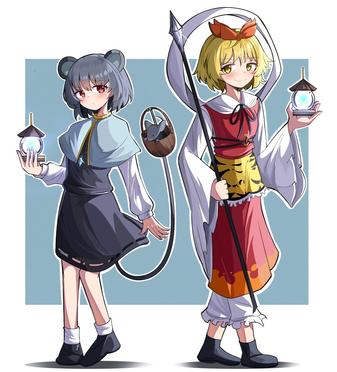 2girls animal_ears animal_print basket bishamonten's_pagoda bishamonten's_spear black_footwear blue_capelet capelet closed_mouth english_commentary full_body grey_hair grey_skirt hair_ornament highres long_sleeves looking_at_viewer mouse mouse_ears mouse_girl multiple_girls nazrin outline shawl short_hair skirt smile socks spam_(spamham4506) standing tiger_print toramaru_shou touhou white_outline white_socks wide_sleeves yellow_eyes