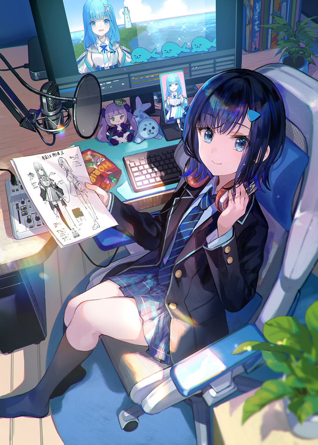 1girl bangs black_hair black_jacket black_skirt blue_eyes blush computer fuzichoco hair_ornament hairclip headphones highres holding indoors jacket long_sleeves looking_at_viewer microphone neckerchief original pleated_skirt school_uniform shirt short_hair sitting skirt smile socks