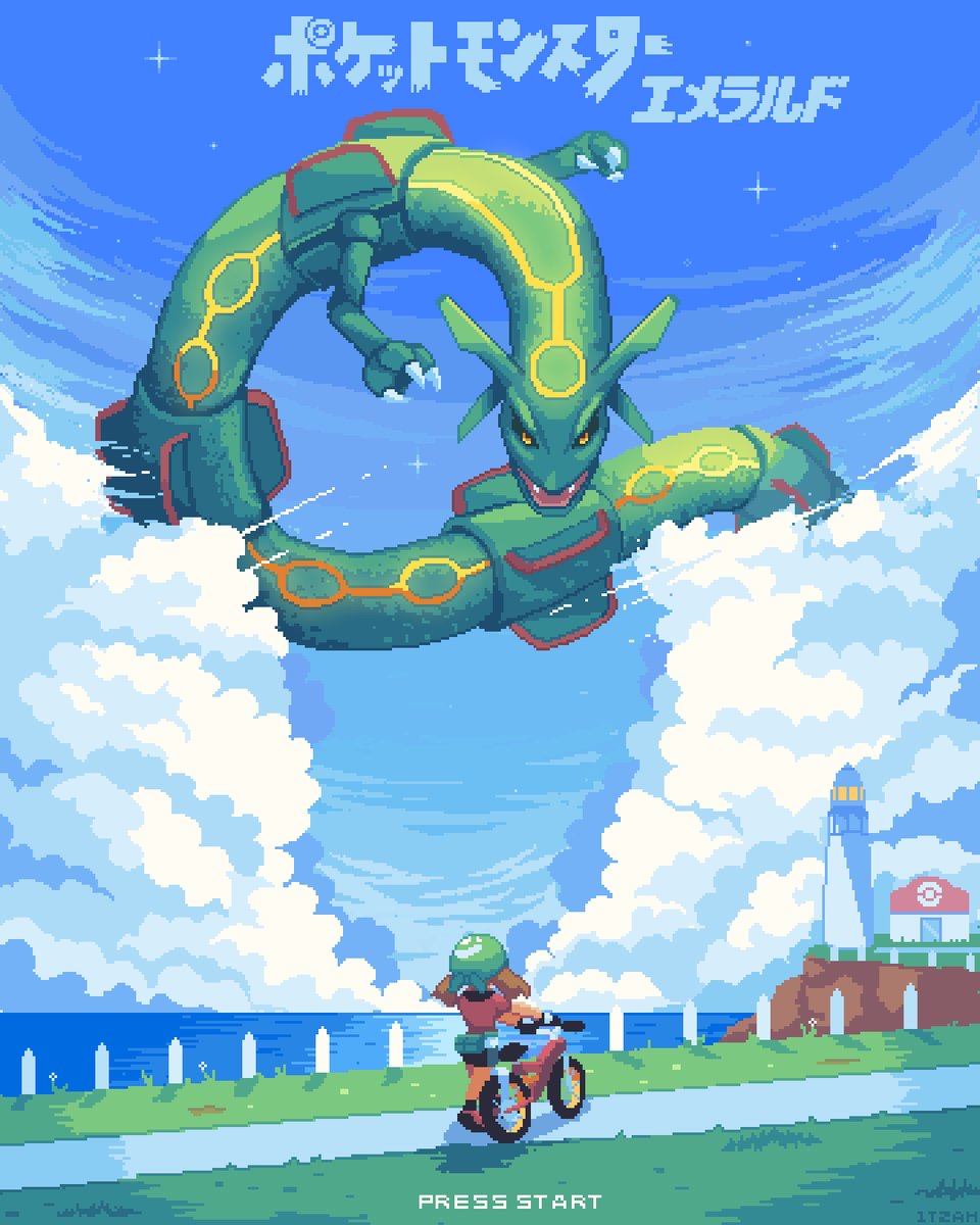 1girl bandana bicycle clouds grass green_bandana ground_vehicle highres horizon itzah lighthouse looking_at_another looking_down looking_up may_(pokemon) ocean pixel_art pokemon pokemon_(creature) pokemon_(game) pokemon_center pokemon_emerald pokemon_rse rayquaza sidewalk sky