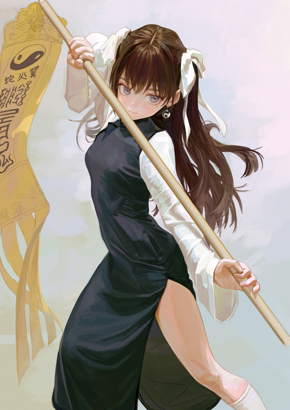 1girl banner brown_hair china_dress chinese_clothes chinese_text dress earrings fighting_stance fkey hair_ribbon highres holding holding_staff jewelry long_hair orb original ribbon socks solo staff translation_request white_socks yin_yang yin_yang_orb yin_yang_print