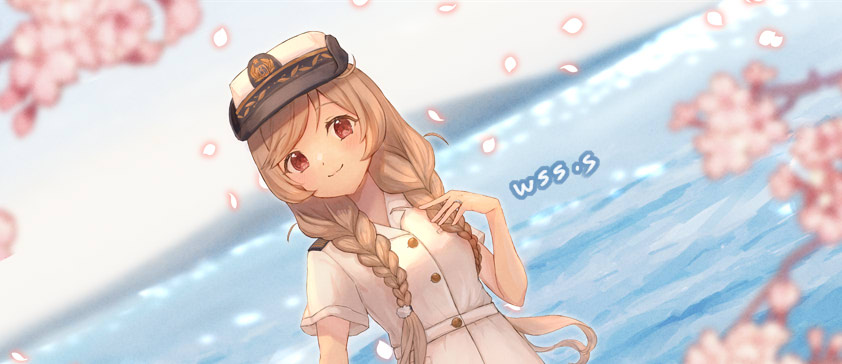1girl alternate_costume artist_name blush buttons cherry_blossoms closed_mouth commission dress hat kantai_collection light_brown_hair long_hair minegumo_(kancolle) petals red_eyes short_sleeves signature skeb_commission smile solo twintails upper_body white_dress white_headwear wss_(nicoseiga19993411)