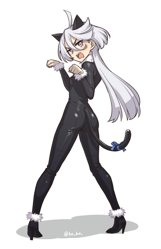 1girl ahoge alternate_costume angry animal_ears bangs black_bodysuit bodysuit bow commentary_request fake_animal_ears fake_tail full_body fur_collar fur_cuffs grey_eyes grey_hair gundam gundam_suisei_no_majo heebee high_heels long_hair looking_at_viewer miorine_rembran paw_pose shadow skin_tight solo swept_bangs tail tail_bow tail_ornament teeth twitter_username upper_teeth white_background