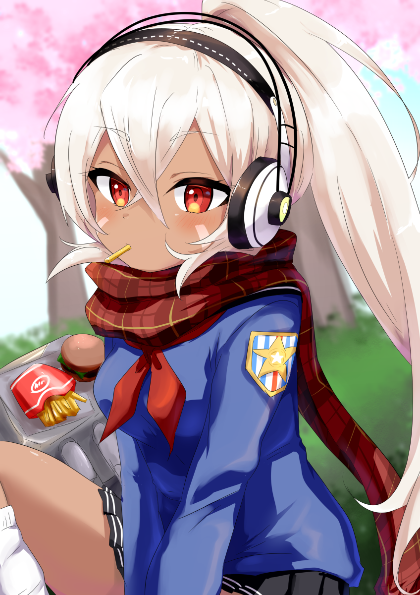 1girl azur_lane bangs black_sailor_collar black_skirt blue_shirt blush breasts burger cherry_blossoms commentary_request crossed_bangs dark-skinned_female dark_skin expressionless facepaint feet_out_of_frame food food_in_mouth french_fries hair_between_eyes headphones high_ponytail highres houshi long_hair long_sleeves looking_at_viewer medium_breasts miniskirt minneapolis_(azur_lane) minneapolis_(wild_huntress_schoolgirl)_(azur_lane) neckerchief official_alternate_costume patch plaid plaid_scarf pleated_skirt red_eyes red_neckerchief red_scarf sailor_collar scarf shirt skirt socks solo tree very_long_hair white_hair white_socks