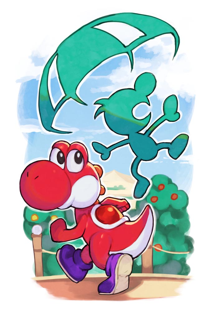 2boys alternate_color animal blue_sky clouds game_&amp;_watch hankuri looking_at_another looking_to_the_side mr._game_&amp;_watch multiple_boys parachute saddle sky super_mario_bros. super_mario_world_2:_yoshi's_island super_smash_bros. walking yoshi