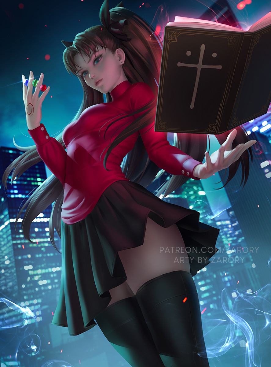 1girl artist_name black_hair black_thighhighs blue_eyes blurry blurry_background book breasts building cityscape cowboy_shot english_commentary expressionless fate/stay_night fate_(series) floating from_below gem glint hair_ribbon highres levitation long_hair long_sleeves looking_at_viewer medium_breasts open_book patreon_username ribbon skirt skyscraper solo thigh-highs tohsaka_rin twintails two_side_up zarory zettai_ryouiki