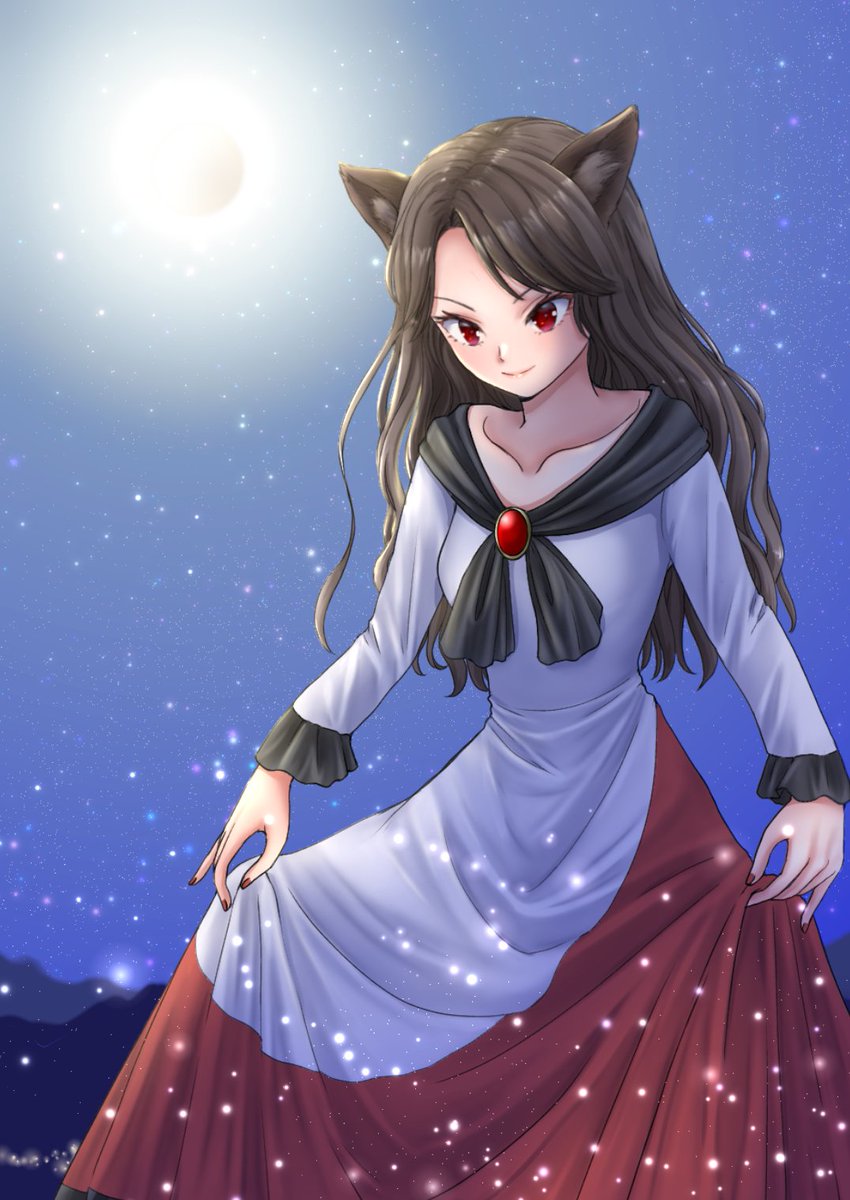 1girl animal_ears brown_hair closed_mouth clothes_lift collarbone dress dress_lift full_moon highres imaizumi_kagerou kyabekko lifted_by_self light_particles long_hair long_sleeves moon outdoors red_dress red_eyes smile solo tail touhou two-tone_dress white_dress wolf_ears wolf_girl wolf_tail