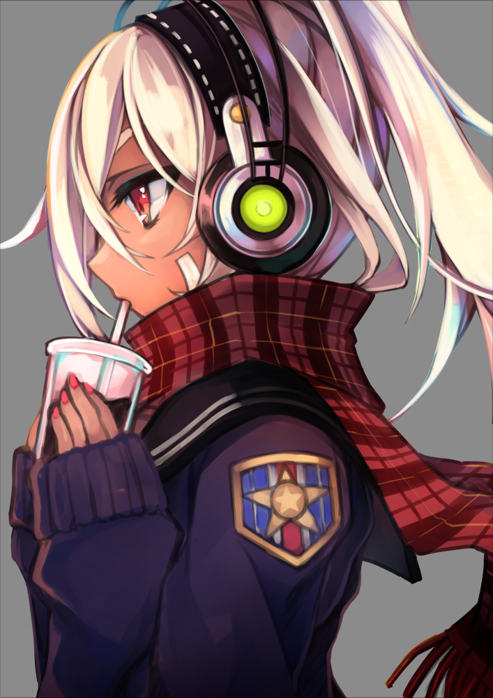 1girl azur_lane bangs black_sailor_collar cardigan coffee coffee_cup commentary_request crossed_bangs cup dark-skinned_female dark_skin disposable_cup expressionless facepaint grey_background hair_between_eyes headphones high_ponytail holding holding_cup long_hair minneapolis_(azur_lane) minneapolis_(wild_huntress_schoolgirl)_(azur_lane) official_alternate_costume otogi_kyouka patch pink_nails plaid plaid_scarf profile purple_cardigan red_eyes red_scarf sailor_collar scarf simple_background sleeves_past_wrists solo upper_body very_long_hair white_hair