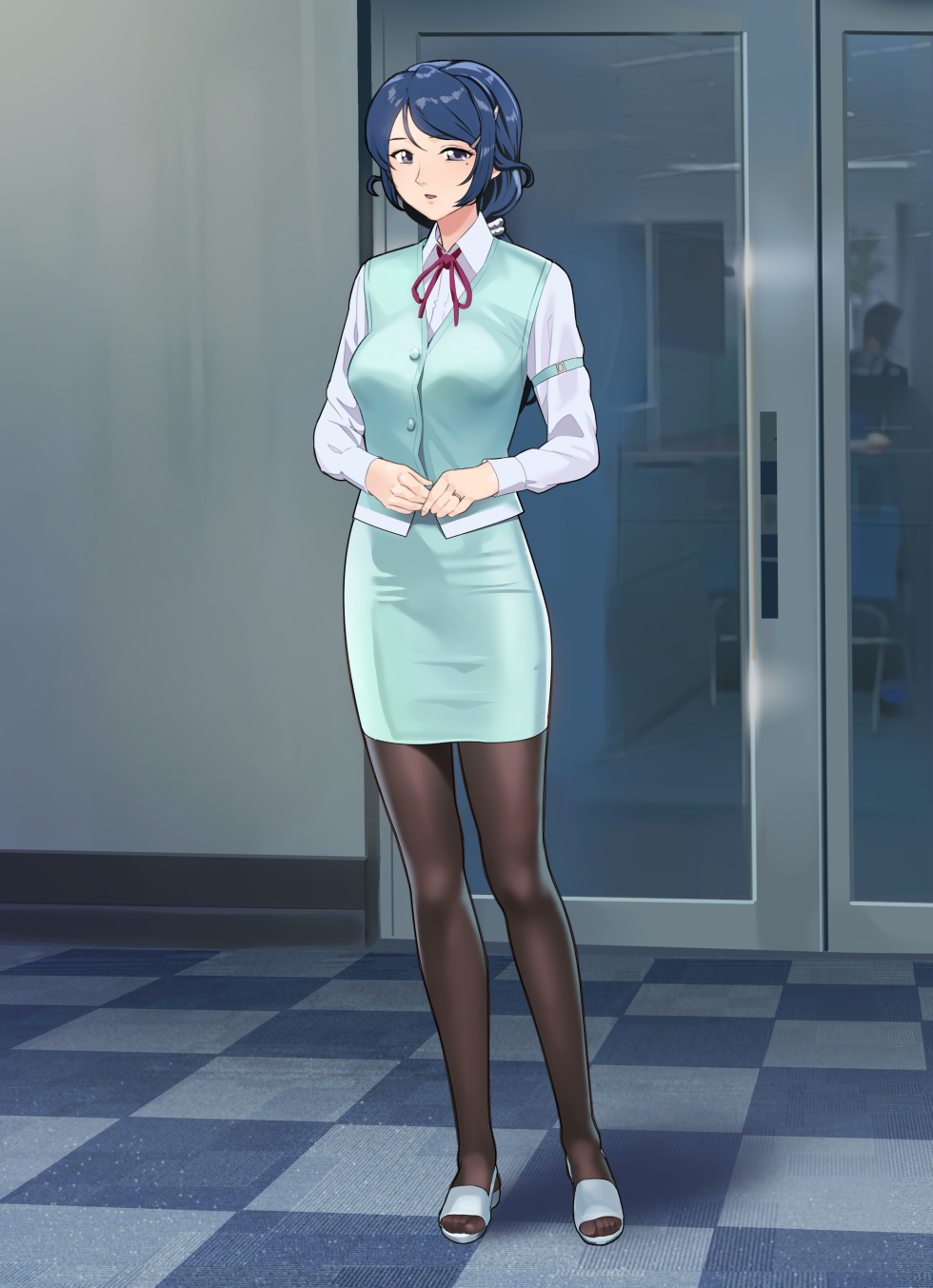 1girl bangs blue_hair breasts brown_pantyhose full_body green_skirt green_vest hair_ornament hairclip highres indoors jewelry large_breasts long_hair long_sleeves mole mole_under_eye neck_ribbon office_lady original pantyhose parted_lips pencil_skirt red_ribbon ribbon ring sandals shiny shiny_clothes shiny_hair shirt skirt solo standing vest white_shirt yewang19