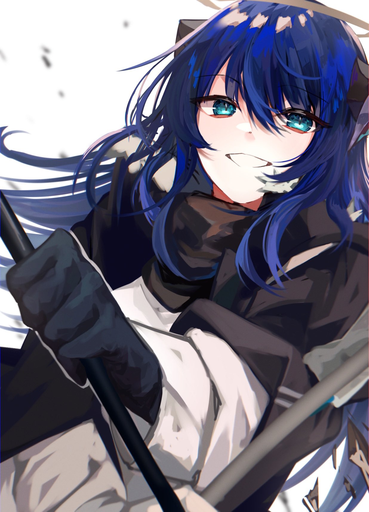 1girl :d arknights bangs black_coat black_gloves blue_eyes blue_hair coat gloves goma_74umai grin halo highres holding holding_staff horns jacket long_hair long_sleeves looking_at_viewer mostima_(arknights) simple_background smile solo staff teeth upper_body white_background white_jacket