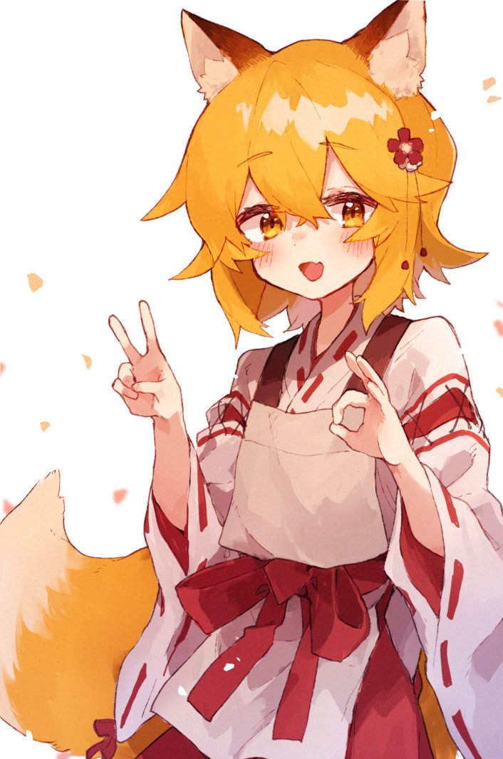 1girl :d animal_ears apron cowboy_shot fang flower fox_ears fox_girl fox_tail hair_flower hair_ornament hands_up japanese_clothes looking_at_viewer miko ok_sign open_mouth orange_eyes orange_hair red_flower rimukoro senko_(sewayaki_kitsune_no_senko-san) sewayaki_kitsune_no_senko-san short_hair simple_background skin_fang smile solo tail v white_background wide_sleeves