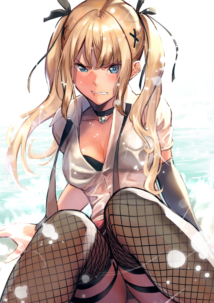 1girl angry bangs bare_shoulders black_ribbon blonde_hair blue_eyes blush breasts dead_or_alive dead_or_alive_5 hair_ornament hair_ribbon hinoru_saikusa long_hair looking_at_viewer marie_rose ribbon school_uniform small_breasts solo thigh-highs twintails wet x_hair_ornament