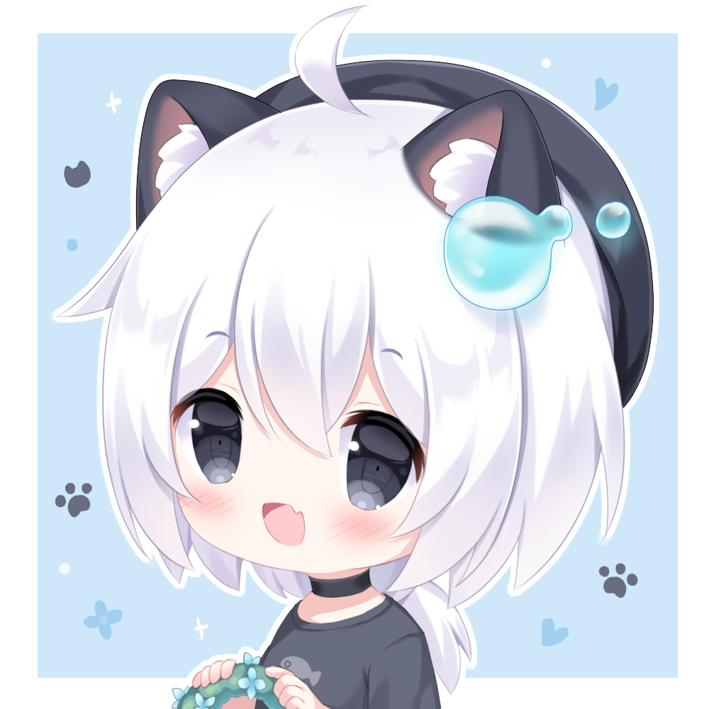 1girl :d ahoge animal_ears animal_print bangs beret black_eyes blush bubble cat_ears cat_girl chibi choker fang fish_print flower hat holding_wreath hudie2333 low_ponytail open_mouth original paw_print shirt skin_fang smile solo t-shirt white_hair