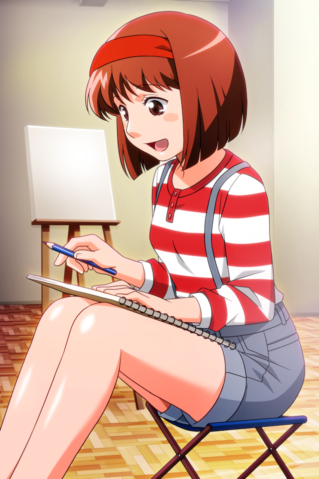 1girl bangs blush_stickers brown_eyes brown_hair canvas_(object) feet_out_of_frame hairband holding holding_pen kayama_tamami long_sleeves non-web_source notebook official_art on_chair on_lap open_mouth pen photoshop_(medium) shirt short_hair shorts sitting solo striped striped_shirt super_real_mahjong suspender_shorts suspenders tanaka_ryou