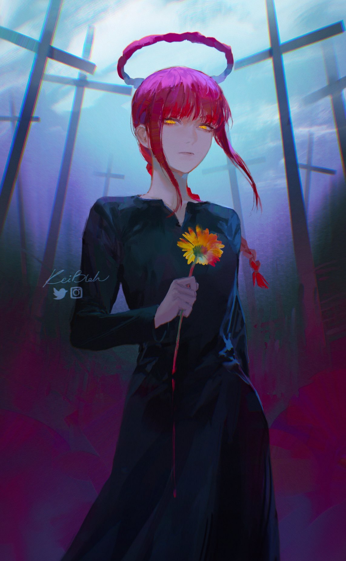 1girl bangs black_dress blood blood_drip blood_on_flower blue_sky blurry blurry_background braid braided_ponytail chainsaw_man chromatic_aberration cross dark_background dress floating_hair flower halo highres holding holding_flower instagram_logo keibleh looking_at_viewer makima_(chainsaw_man) medium_hair red_halo redhead ringed_eyes sidelocks signature sky solo sunflower tombstone twitter_logo yellow_eyes