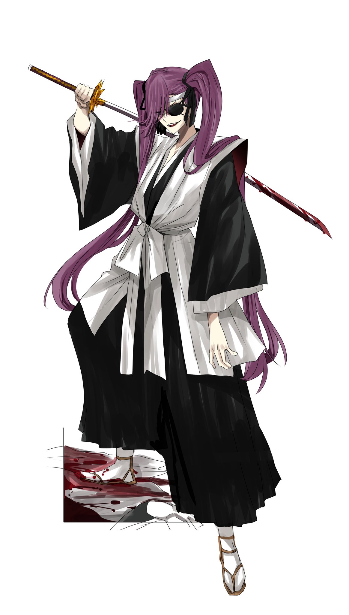 1girl bangs bleach bleach:_the_thousand-year_blood_war blood eyepatch full_body hair_between_eyes highres holding hoshi_san_3 jacket japanese_clothes jewelry katana long_hair long_sleeves looking_at_viewer open_mouth purple_hair saitou_furoufushi shinigami simple_background smile solo sword twintails violet_eyes weapon
