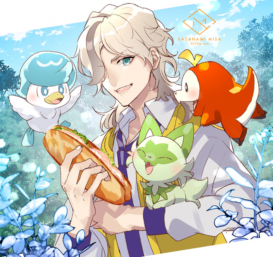 1boy animal aqua_eyes artist_name arven_(pokemon) bangs bird blonde_hair blue_sky brown_hair clouds collared_shirt commentary_request day duck eyelashes food fuecoco hair_over_one_eye hand_up holding holding_food long_hair long_sleeves male_focus multicolored_hair necktie one_eye_covered open_clothes open_mouth open_vest outdoors parted_bangs plant pokemon pokemon_(creature) pokemon_(game) pokemon_sv purple_necktie quaxly sandwich sazanami_misa shirt sidelocks sky smile solo sprigatito streaked_hair tree uva_academy_uniform vest watermark white_shirt wing_collar yellow_vest