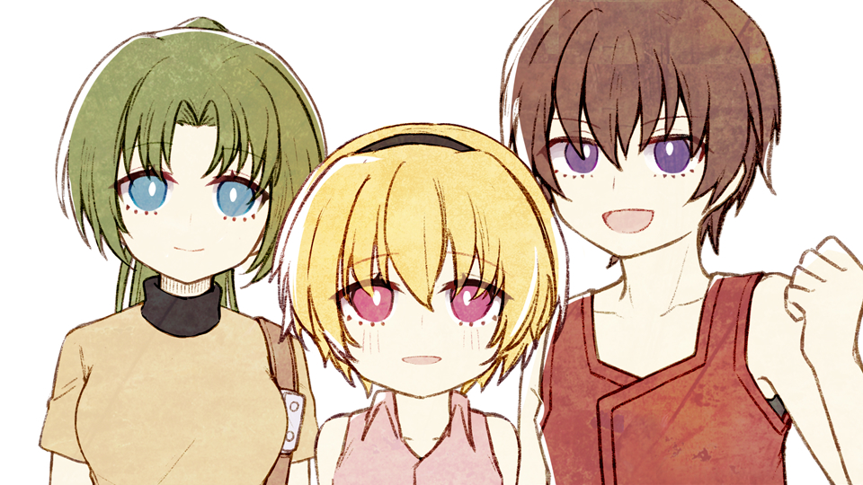 1boy 2girls bangs black_hairband blonde_hair blue_eyes breasts bright_pupils brown_hair closed_mouth collared_shirt commentary_request green_hair hairband hand_up higurashi_no_naku_koro_ni hiragi_rin houjou_satoko long_hair maebara_keiichi medium_breasts multiple_girls open_mouth parted_bangs pink_eyes pink_shirt ponytail red_vest shirt short_hair short_sleeves simple_background sleeveless sleeveless_shirt smile sonozaki_mion vest violet_eyes white_background white_pupils yellow_shirt