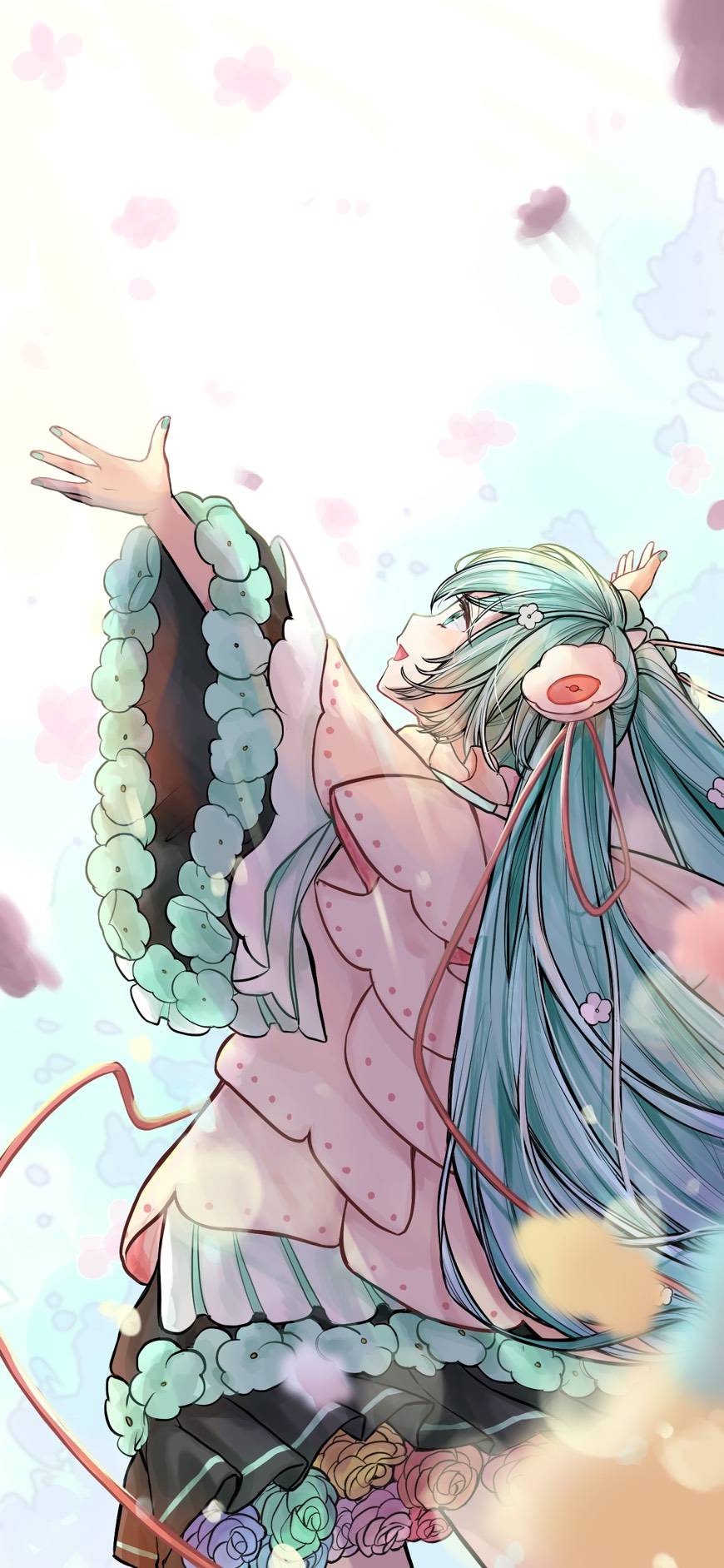 1girl arms_up bangs blue_eyes blue_hair cape flower flower_skirt flower_trim from_behind hair_flower hair_ornament hair_ribbon hatsune_miku highres long_hair long_sleeves looking_up magical_mirai_(vocaloid) magical_mirai_miku magical_mirai_miku_(2021) nagitofuu nail_polish open_mouth pleated_skirt rainbow ribbon rose skirt smile solo twintails very_long_hair vocaloid wide_sleeves