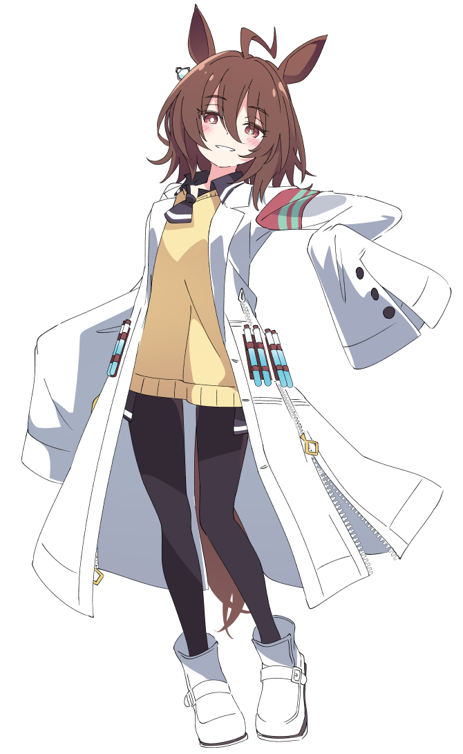 agnes_tachyon_(umamusume) animal_ears brown_hair full_body horse_ears ixy labcoat looking_at_viewer short_hair simple_background smile standing sweater_vest umamusume white_background yellow_sweater_vest